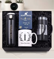 Kişiye Özel Tasarımlı Kupa &  Kişiye Özel 450 ML Kilitli Dereceli Termos & Siyah French Press & Alerya Premium Filtre Kahve Hediye Seti