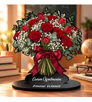 BK Gift Kişiye Özel Kırmızı Gül ve Lale Çiçek Buketi MDF Biblo Masaüstü Dekoratif Hediye