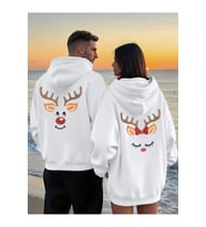 Sevgili Çift Kombin Hoodie – Geyik Baskılı Çift Kapüşonlu Sweatshirt Unisex Oversize 2'li Set (Beyaz)