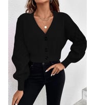 V Yaka Örgü Desenli Triko Crop Siyah Hırka