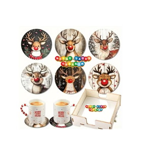 BİLGE tasarım Noel Yılbaşı Ahşap Bardak Altlığı - 6 lı set Set AHŞAP ÖZEL TASARIM KUTULU
