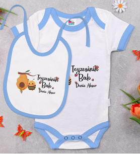 BK Kids Kişiye Özel Teyzesinin Balı Tasarımlı Mavi Bebek Body Zıbın ve Mama Önlüğü Hediye Seti