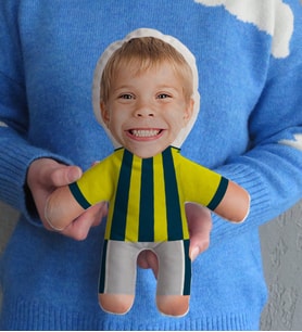 BK Gift Kişiye Özel Fotoğraflı Çocuk Sarı Lacivert Futbolcu Bebek Yastık-1 (Beyaz)