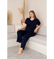 “Bambu Kumaş Büyük Beden Kadın Dantelli Kısa Kollu Pijama Takımı – Yumuşak, Nefes Alabilir, Şık ve Rahat, M-5XL” (Lacivert)