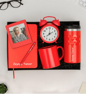 Kişiye Özel Fotoğraflı Çerçeve,Defter,Kalem,Masa Saati,Fincan Ve Termos Hediye Seti (STD)