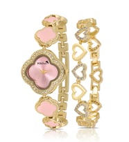 Polo Air Yonca Desenli Kadın Kol Saati Kalp Bileklik Kombin Gold Pembe Renk PL-1559B3 (Pembe-Altın)
