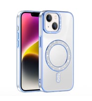 iPhone 13/14 Kılıf Pırlanta Taş Tasarımlı M-safe Şarj Özellikli Karetta Silikon Kapak (Mavi)