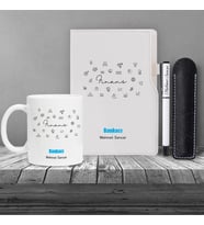 Kişiye Özel Bankacı Temalı Beyaz Defter & Beyaz Roller Kalem ve Kupa Seti