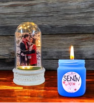 Kişiye Özel Premium Hediye Seti  Fotoğraflı Led Işıklı Tasarım Fanus ve Kokulu Mum Hediye Seti (Mavi)