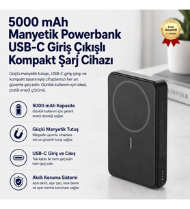 5000 mAh Manyetik Wireless Powerbank USB-C Giriş Çıkışlı Kompakt Şarj Cihazı