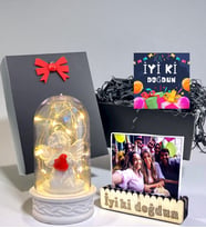 Sizlere Özel Doğum Günü Hediyesi Fotoğraflı Led Işıklı Biblolu Fanus - Hediye Kutusunda (Model 2)