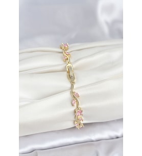 Pirinç Gold Renk Pembe Zirkon Taşlı Çiçek Model Kadın Bileklik 5886 - SSSSSS3941-5620