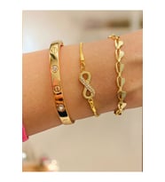 Altın Kaplama 3 lü Kombin Bileklik Seti Gold Renk Kadın Zincir Bilezik Künye Asansör Pandora