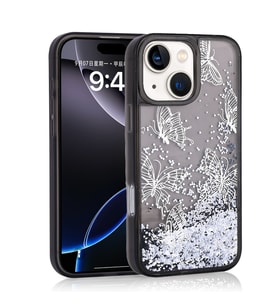 Apple iPhone 15 Uyumlu Kılıf Sıvılı Simli Kelebek Baskılı Şeffaf Arka Yüzey Zore Glis Silikon Kapak (Siyah)