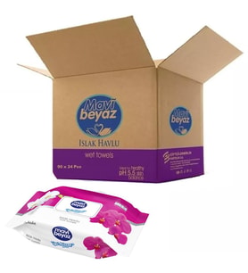 Mavi Beyaz Islak Havlu Mendil 90 Yaprak Orkide 24 Lü Set Plastik Kapaklı  (2160 Yaprak)