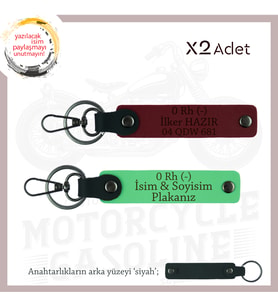 Motorcu Yolculara, İsim Plaka ve 0 - Kan Grubu Yazılı Güvenli Sürüş Anahtarlığı, F Yeşil-Bordo-Syh