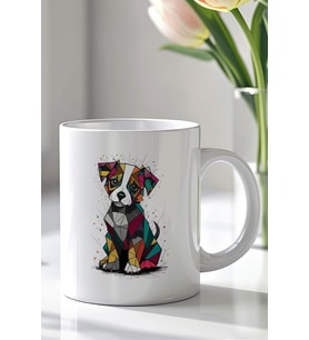 Geometrik Renkli Köpek Desenli 330ml Baskılı Beyaz Seramik Kupa Bardak