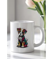 Geometrik Renkli Köpek Desenli 330ml Baskılı Beyaz Seramik Kupa Bardak