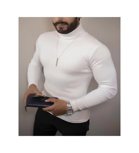 Erkek Kaşkorse Boğazlı Full Likralı Fitilli Body Kazak - Beyaz