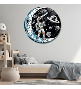 Yuvarlak Temperli Gerçek Cam Tablo Astronot Baba ve Çocuk