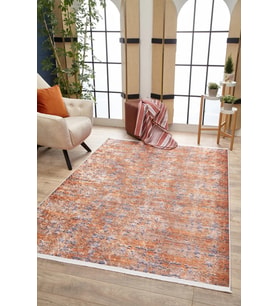 Turuncu Soyut Desenli Eskitme Halı Kaymaz Tabanlı Modern Salon Halısı Dijital Baskı