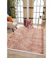 Turuncu Soyut Desenli Eskitme Halı Kaymaz Tabanlı Modern Salon Halısı Dijital Baskı