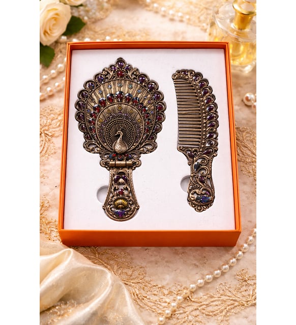 Osmanlı Vintage Tavus Kuşu Desenli El Aynası & Tarak Seti – Antik Gümüş Tonlu Hediyelik Set (Kristal Mavi)