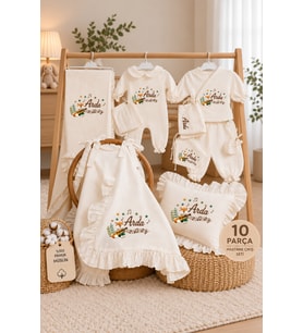 Baby Clime İsme Özel Baskılı 10'lu Müslin Hastane Çıkışı Seti 4 Kat %100 Pamuk Yenidoğan Bebek Takımı
