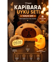 Kapibara Uyku Seti Çocuk Hediye Seti Şarjlı Dijital Saat Pilli Silikon Gece Lambası Peluş Kapibara Yastık 3'lü Set Tarçın Seri