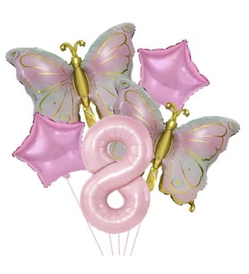 Gold Kelebekli Pembe 8 Yaş Rakam Balon Set