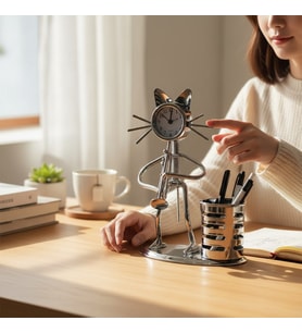 Metal Kedi Figürlü Masa Saati ve Kalemlik  Dekoratif Ofis Aksesuarı