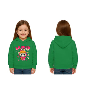 Unisex Baskılı Çocuk Swaetshirt Labubu Baskılı Kapüşonlu 3 İplik Şardonlu (Yeşil)