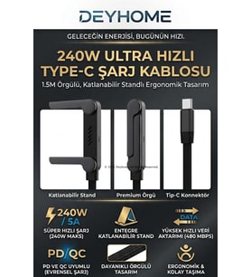 Deyhome 240W Hızlı Kablosu – 1.5M Örgülü, Katlanabilir Standlı Ergonomik Tasarım, Pd Hızlı Data Akt