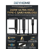 Deyhome 240W Hızlı Kablosu – 1.5M Örgülü, Katlanabilir Standlı Ergonomik Tasarım, Pd Hızlı Data Akt