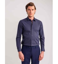 Lacivert Erkek Ekstra Slim Fit Düz Brent Yaka Uzun Kol Gömlek