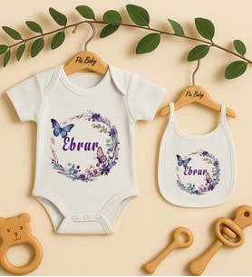 Pia Baby Premium %100 Pamuk İsme Özel Organik Baskılı Çıtçıtlı Bebek Body Ve Önlük 5040-20 (Ekru)