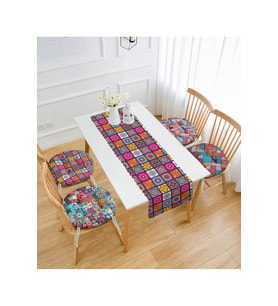 Kareli Etnik Desen Motifli 4 Yuvarlak Pofidik Sandalye Minderi Ve 1 Runner