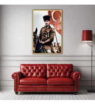 Metal Çerçeveli Temperli Cam Tablo Üniformalı Atatürk Görseli (Gold)
