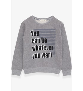 Breeze Erkek Çocuk Sweatshirt Yazı Baskılı 8-14 Yaş, Koyu Gri Melanj