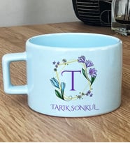 Kişiye Özel Çiçekli T Harfli Hediye Pastel Fincan İsim Soyisim Yazılı (Mavi)