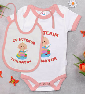 BK Kids Ep İsterim Tasarımlı Pembe Bebek Body Zıbın ve Mama Önlüğü Hediye Seti-5
