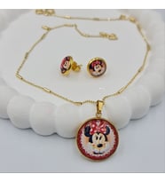 Altın Renkli  Çelik Mini ve Mickey Mouse Çocuk Küpe Ve Kolye Seti ve Aksesuar