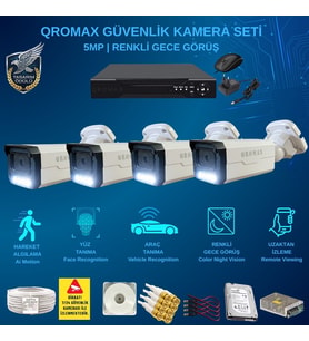 QROMAX 4 Kameralı Set - Yapay Zeka Özellikli İnsan Yüz Araç Tanımalı Gece Renkli Gösteren 5 MP SONY Lensli 4 Warm Ledli FULLHD Güvenlik Kamerası Seti 3404W