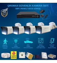 QROMAX 4 Kameralı Set - Yapay Zeka Özellikli İnsan Yüz Araç Tanımalı Gece Renkli Gösteren 5 MP SONY Lensli 4 Warm Ledli FULLHD Güvenlik Kamerası Seti 3404W