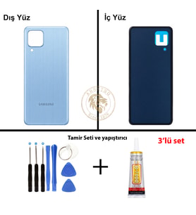 Samsung M32 Mavi Arka Pil Kapağı Batarya Kapağı Lazer Kesim + Yapıştırıcı ve Vida Seti