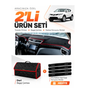 NİSSAN QASHQAI J11 (2013-2020) Uyumlu Torpido Örtüsü + Deri Bagaj Çantası + Sticker Seti - Siyah Kırmızı