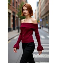 Kadın Bordo Fitted Carmen Yaka Akrilik Triko Kazak Uzun Kollu Fitilli Dokuma Şık Tasarım Kaliteli