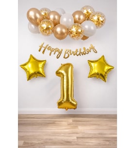Konsept Doğum Günü Kutlama Seti; Beyaz Gold Konfetili Balon, Rakam Yıldız Folyo ve Banner (1)