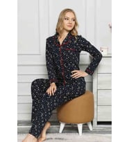 Dreamy Yıldız Desenli Biyeli Gömlek Pijama Takımı (Lacivert)