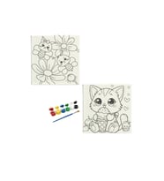 Okul Etkinliği-2'li Tuval Boyama Seti. 20x20 Cm Uv Baskı 6 Akrilik Boya 1 Fırça-model-60